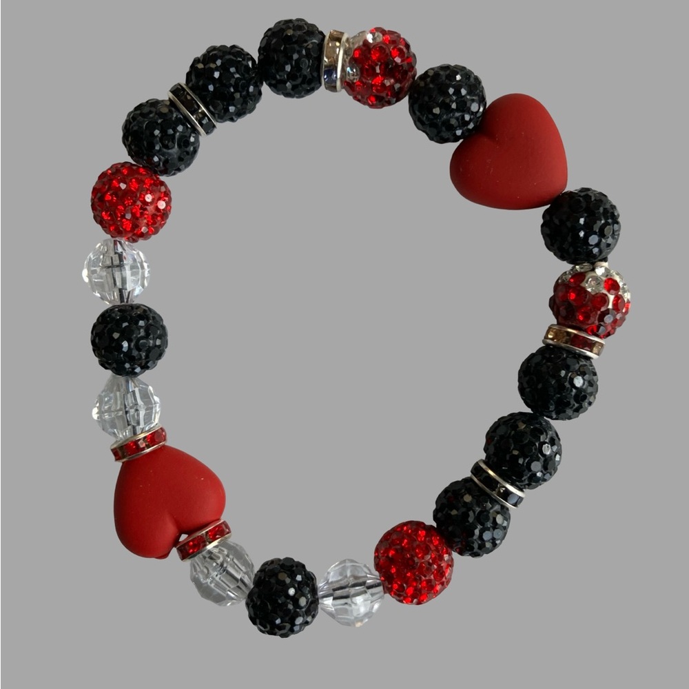 Red & Black Heart Bead Stretch Bracelet Women's Fashion Jewelry Handcrafted New